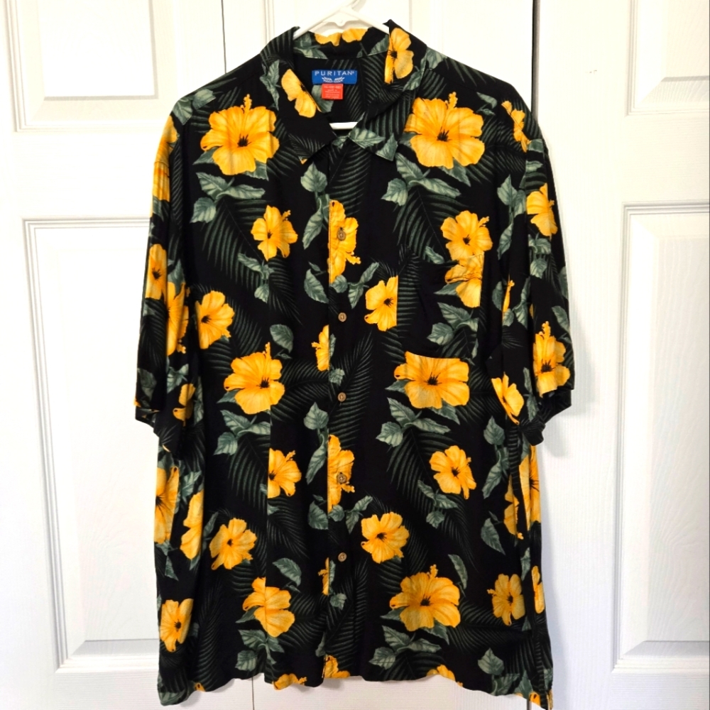 Yellow Floral Hawaiian Button Down Shirt, XL (46-48), Excellent Condition